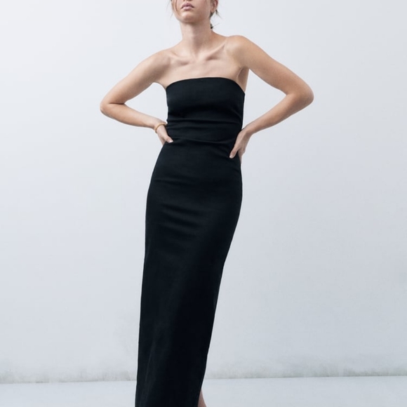 ZARA STRAPLESS FITTED DENIM DRESS FRAYED BLack  Sz L, XL XXL  BNWT - Picture 1 of 12